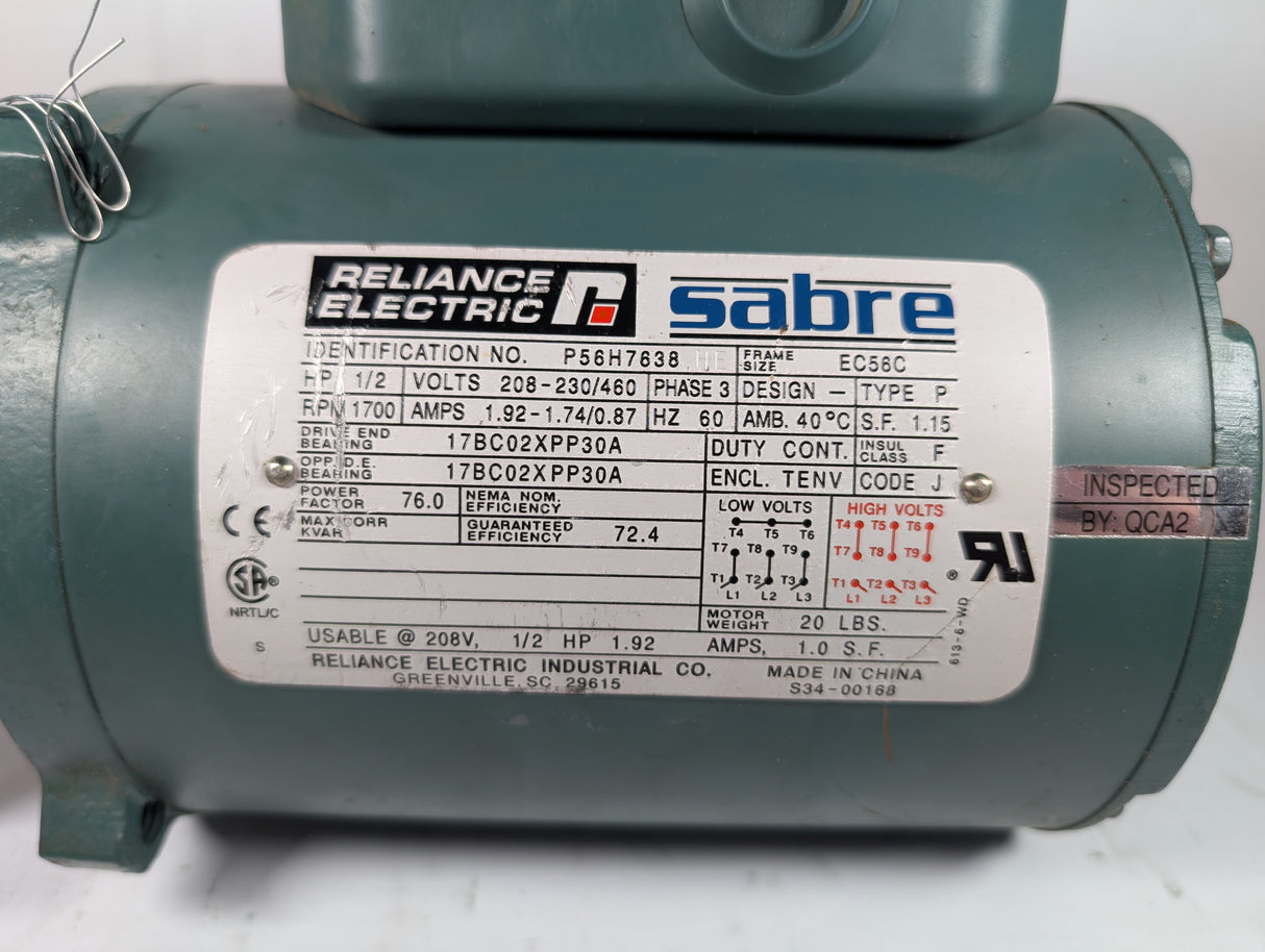 Reliacnce Electric - 0.5 HP Electric Motor - P56H7638 - Used - Big Liquidators