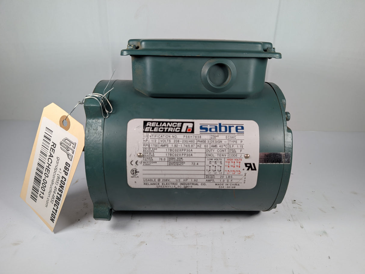 Reliacnce Electric - 0.5 HP Electric Motor - P56H7638 - Used - Big Liquidators