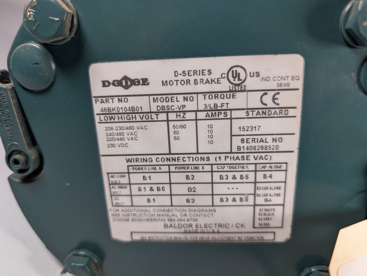 Baldor Reliacne - 0.5 HP Electric Motor with D - Series Motor Break - VBNM3538 - D - Used - Big Liquidators