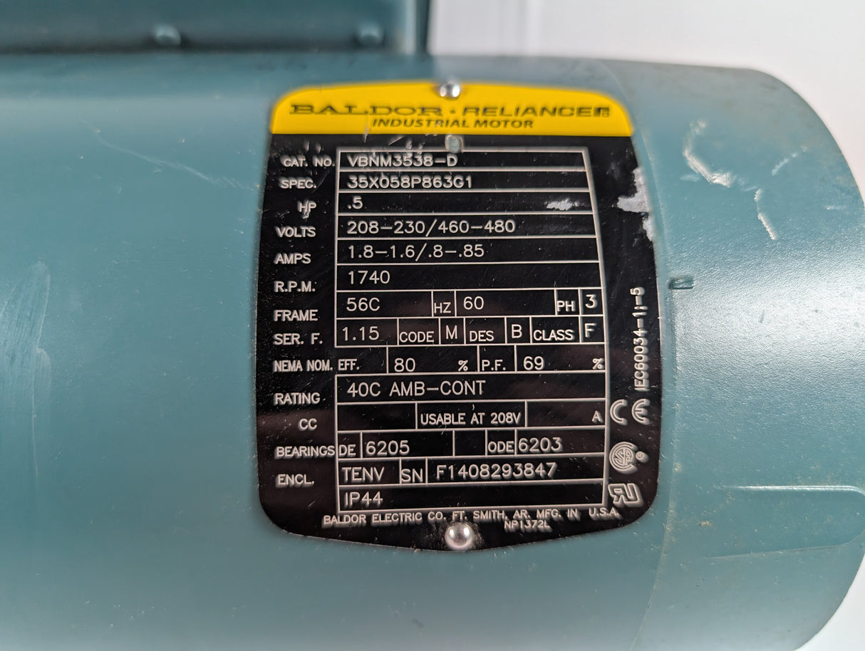 Baldor Reliacne - 0.5 HP Electric Motor with D - Series Motor Break - VBNM3538 - D - Used - Big Liquidators