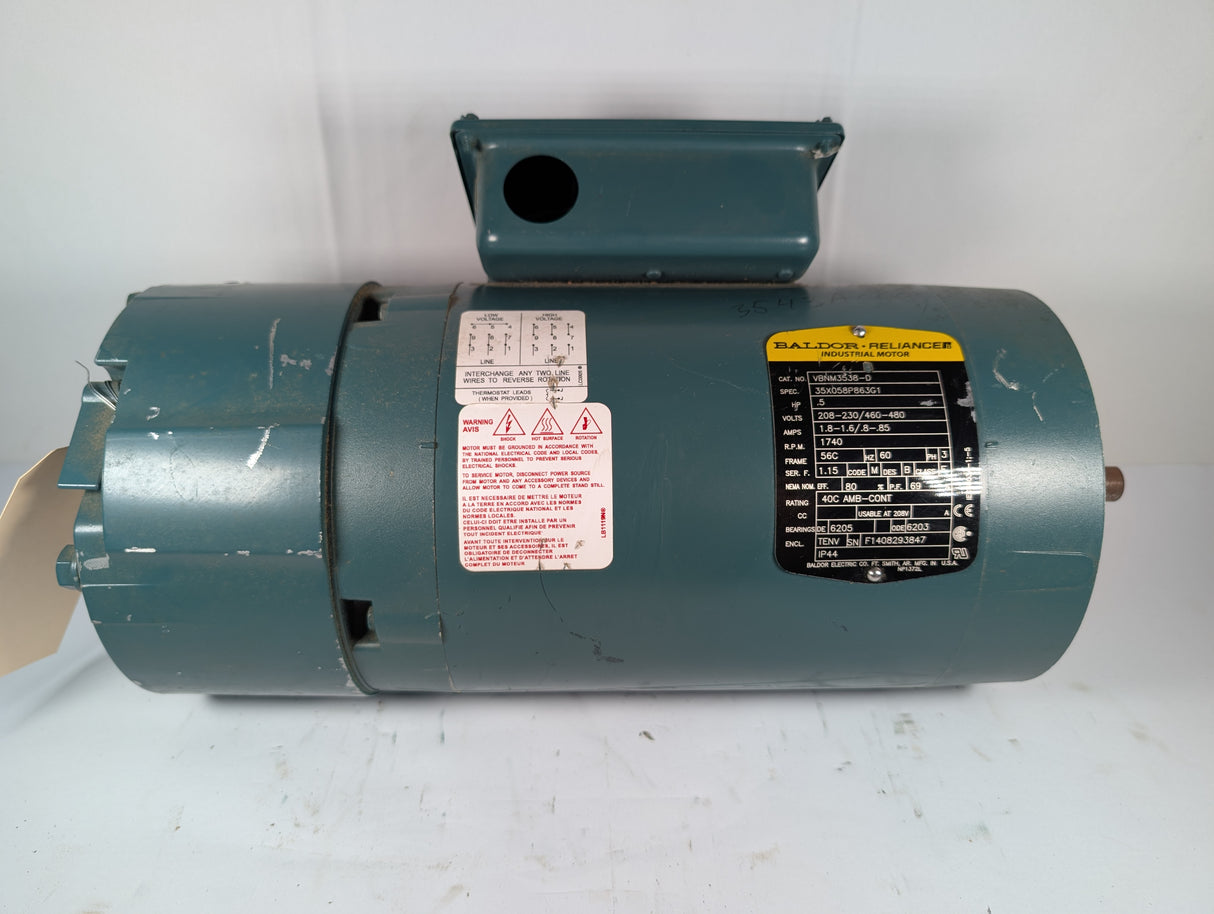 Baldor Reliacne - 0.5 HP Electric Motor with D - Series Motor Break - VBNM3538 - D - Used - Big Liquidators