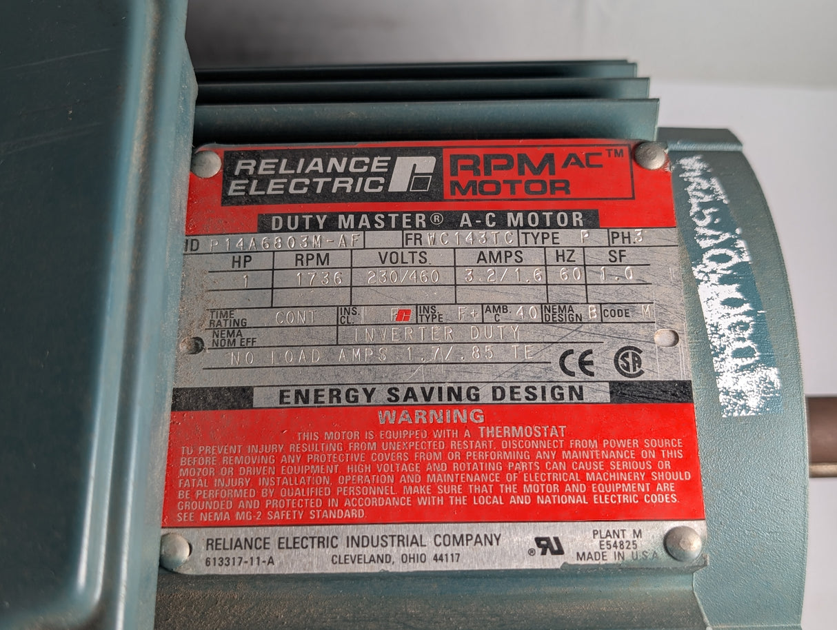 Reliance Electric - 1 HP Electric Motor - P14A6803M - AF - Used - Big Liquidators