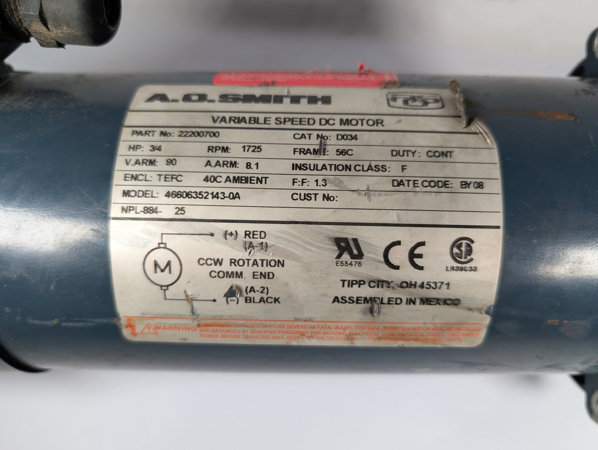 A.O.SMITH - 0.75 HP Electric Motor - 46606352143 - 0A - Used - Big Liquidators
