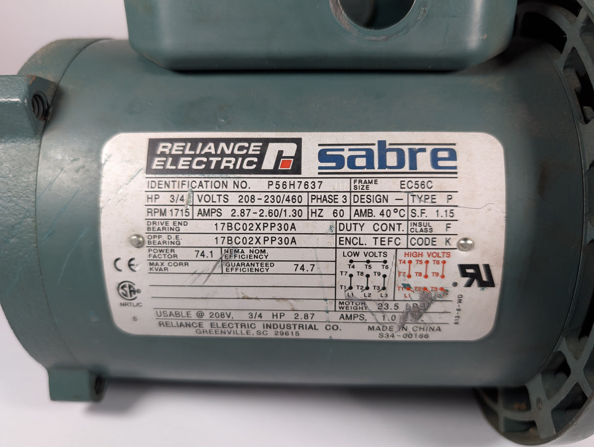 Reliance Electric - 0.75 HP Electric Motor - P56H7637 - Used - Big Liquidators