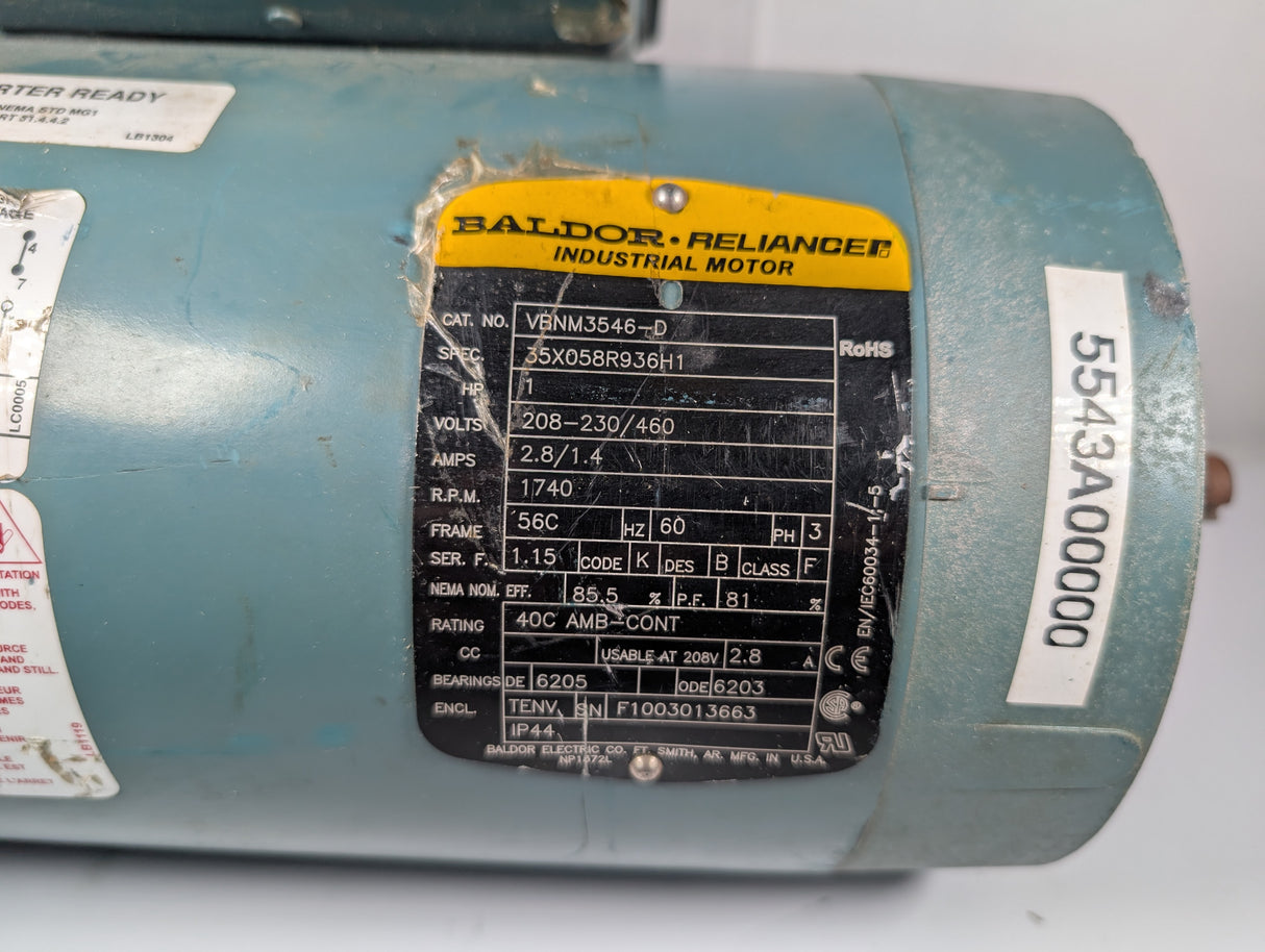 Baldor Reliance - 1 HP Electric Motor with D - Series Motor Break - VBNM3546 - D - Used - Big Liquidators