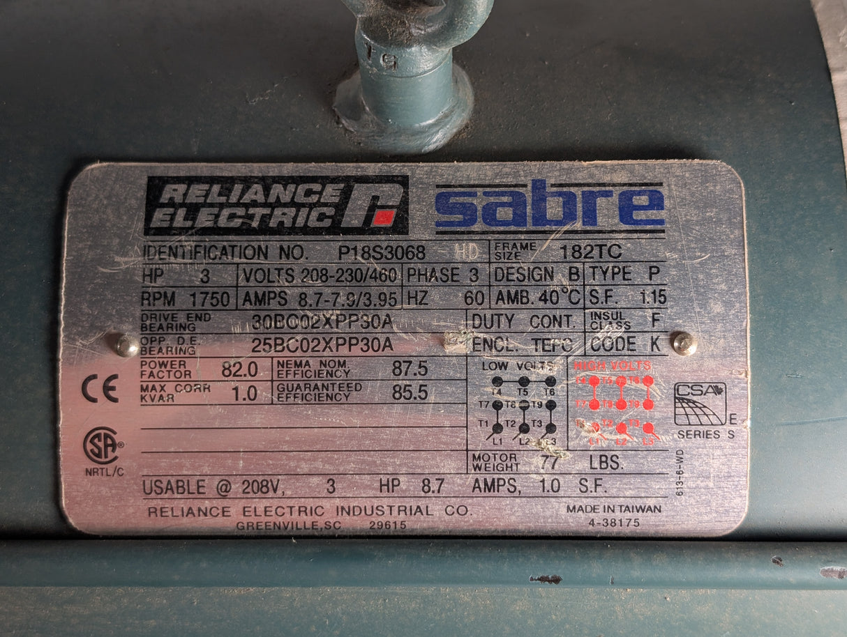 Reliance Electric - 3 HP Electric Motor - P18S3068 - Used - Big Liquidators