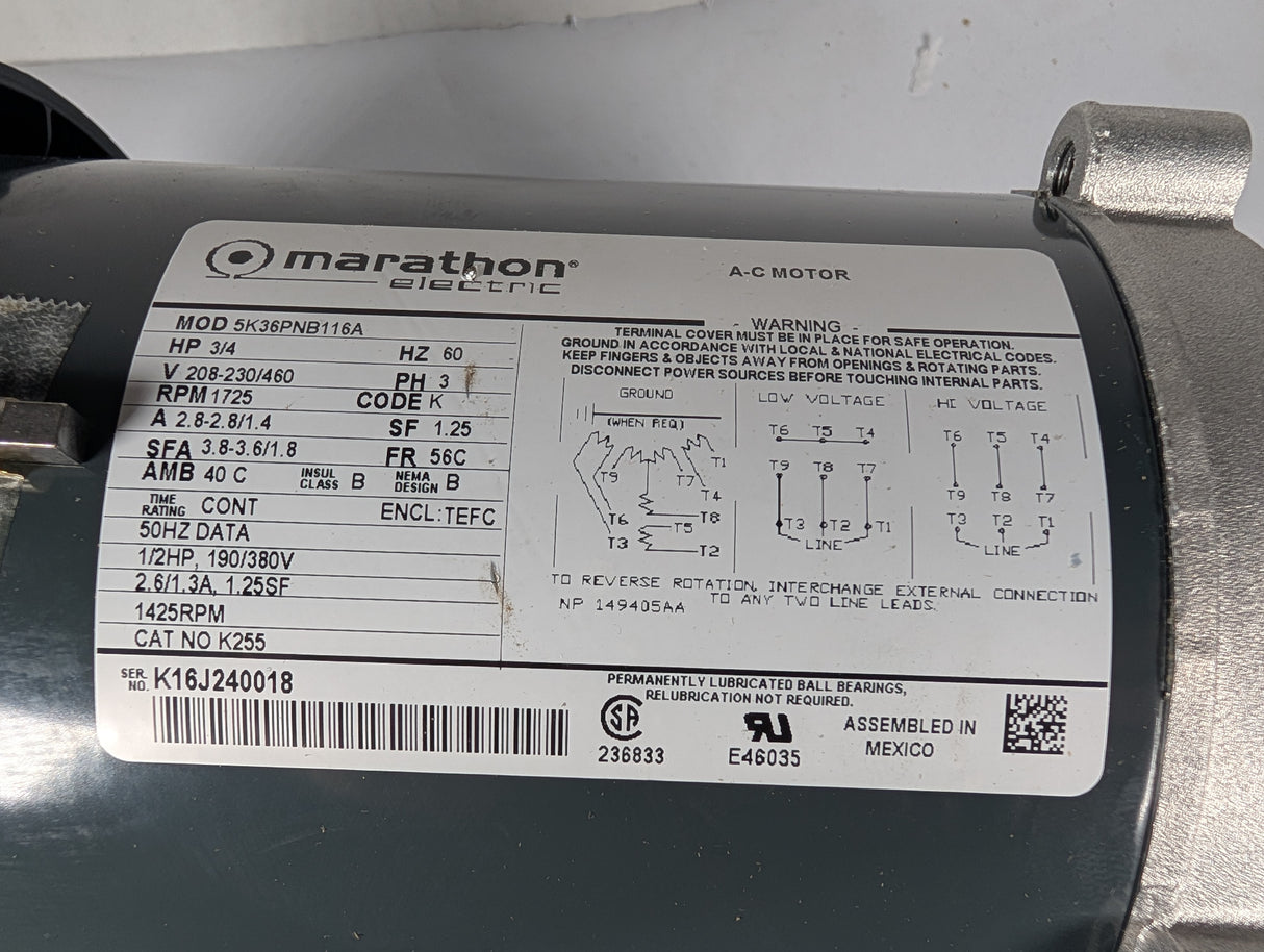 Marathon Electric - 0.75 HP Electric Motor - 5K36PNB116A - New - Big Liquidators