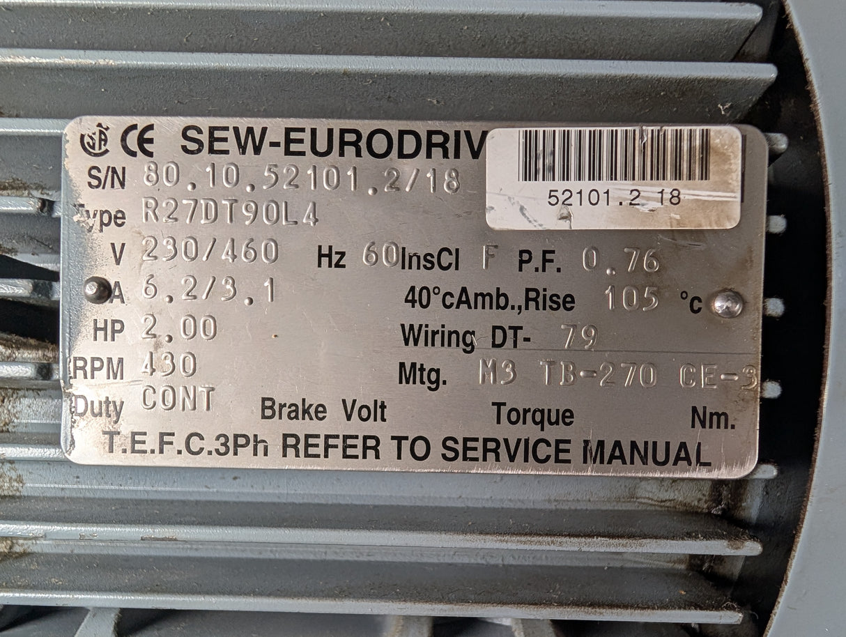 Sew - Eurodrive - 2 HP Electric Motor - R27DT90L4 - Used - Big Liquidators