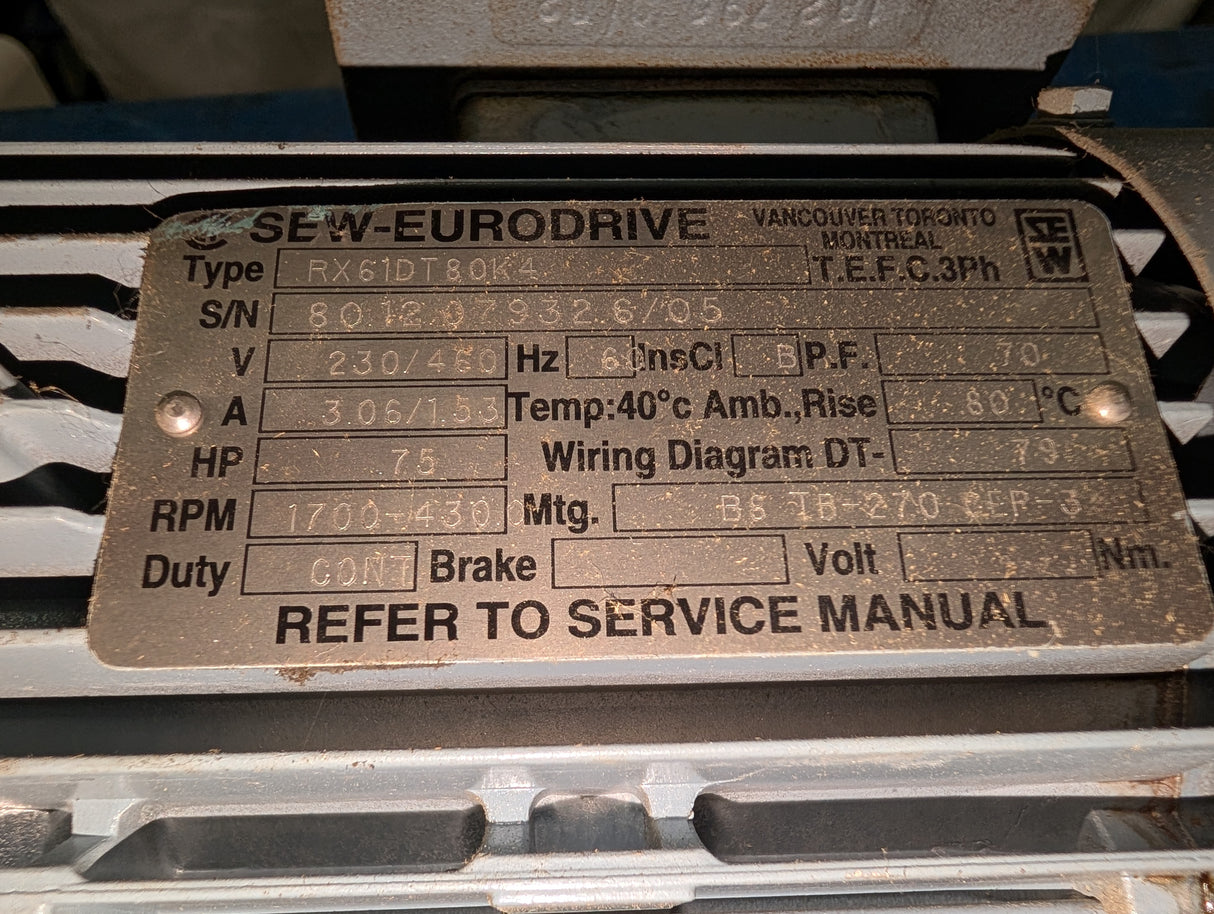 Sew - Eurodrive - 0.75 HP Electric Motor - RX61DT80K4 - Used - Big Liquidators