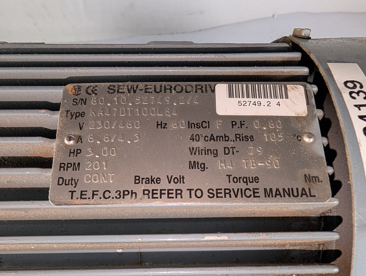 Sew - Eurodrive - 3 HP Electric Motor - KA47DT100LS4 - Used - Big Liquidators