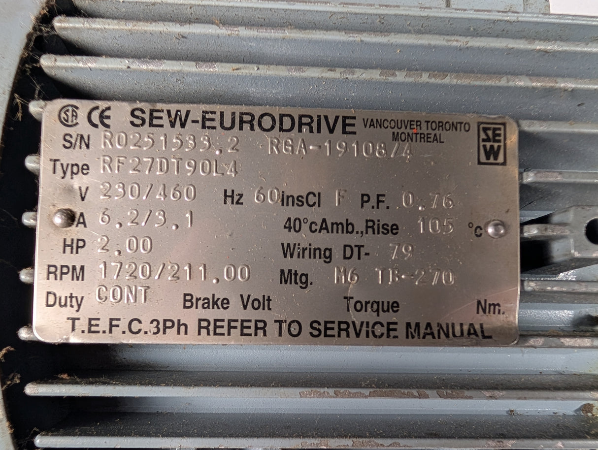 Sew - Eurodrive - 2 HP Electric Motor - RF27DT90L4 - Used - Big Liquidators