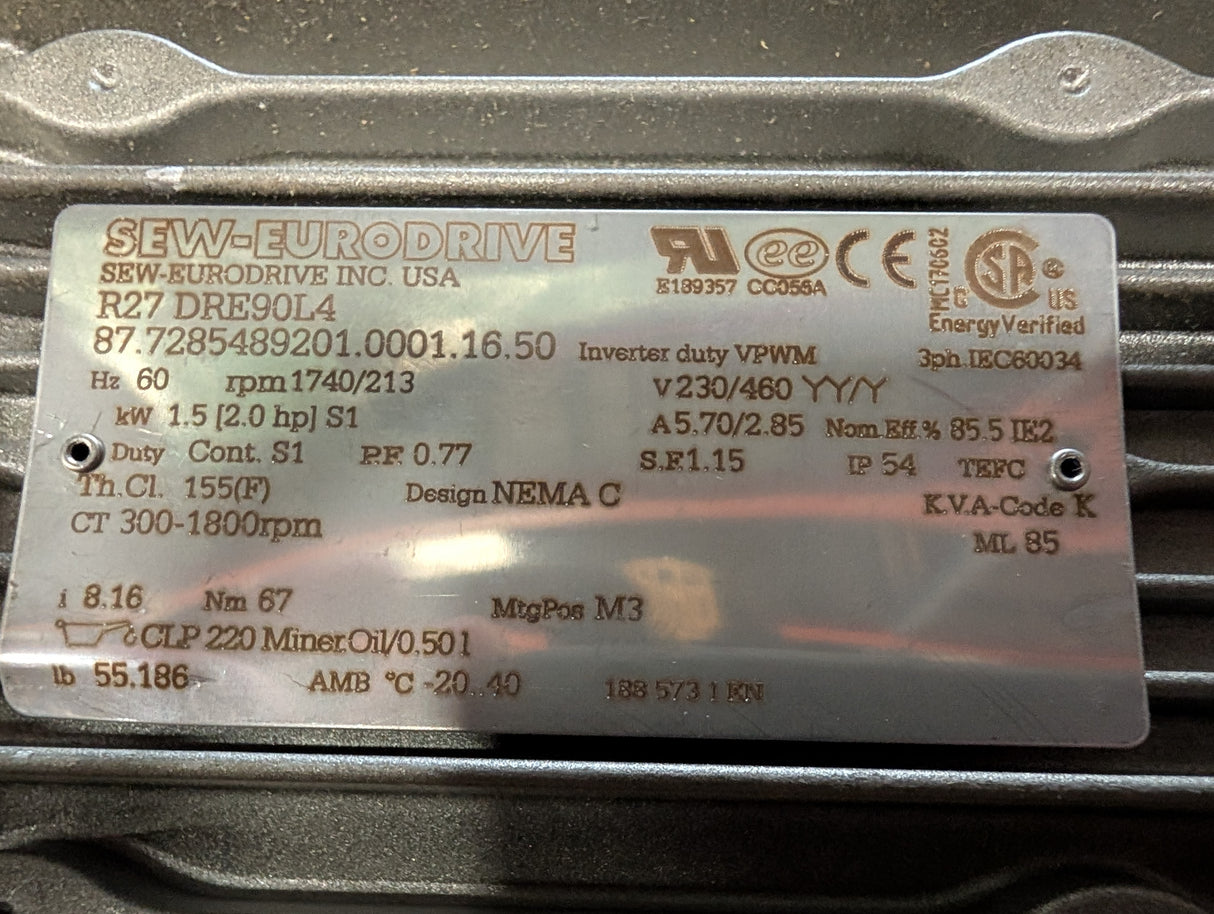 Sew - Eurodrive - 2 HP Electric Motor - R27 DRE90L4 - Used - Big Liquidators