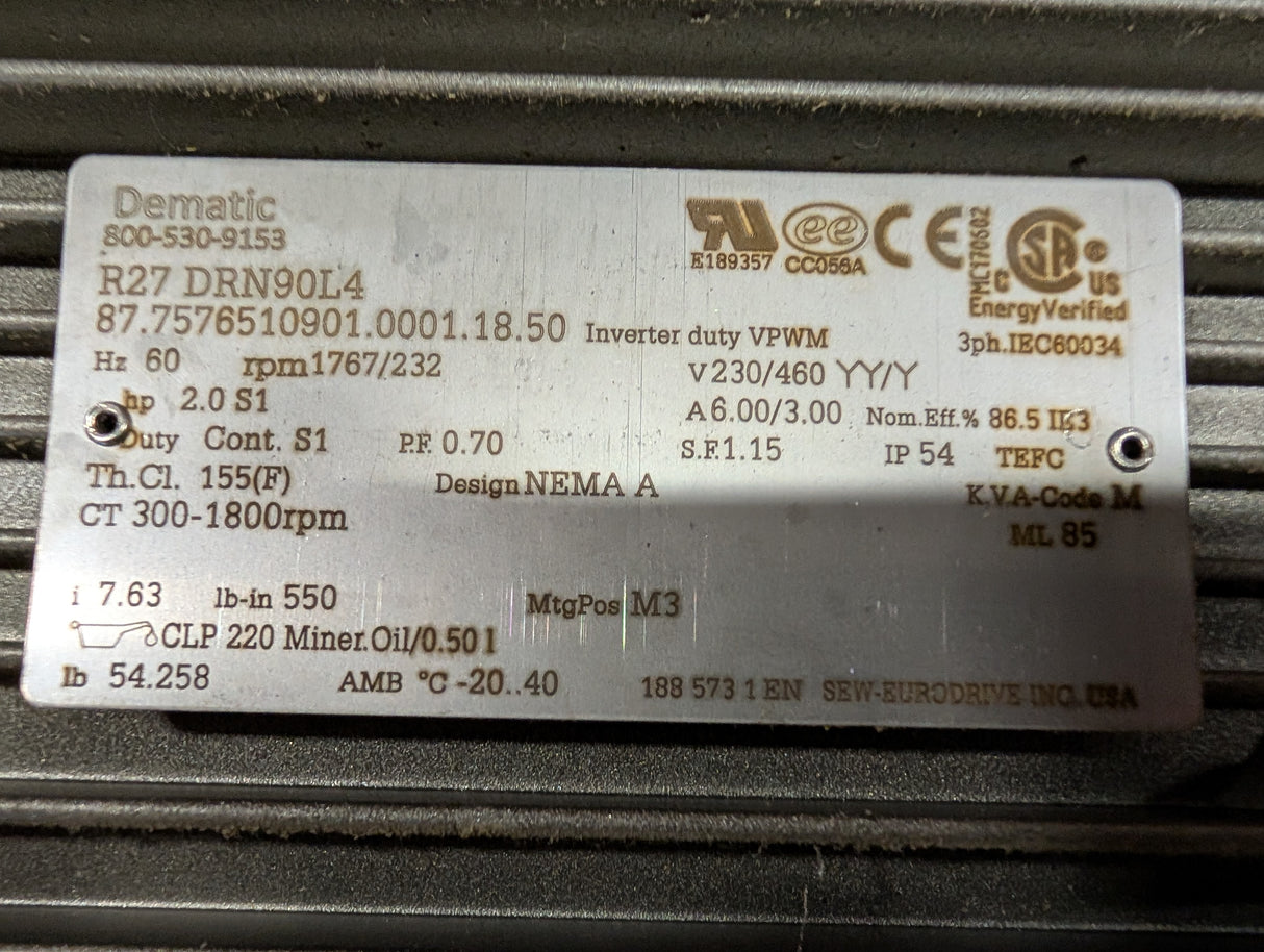 Sew - Eurodrive - 2 HP Electric Motor - R27 DRN90L4 - Used - Big Liquidators