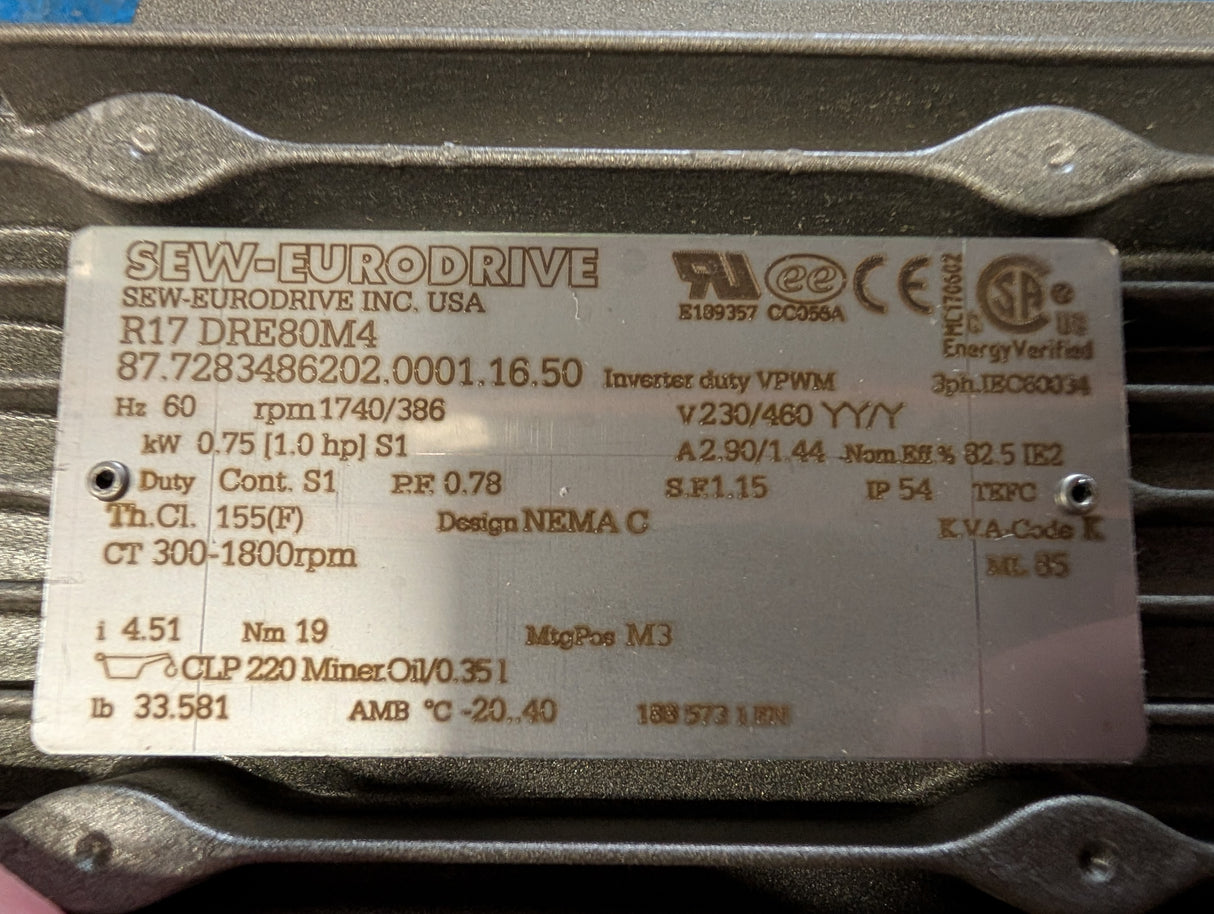 Sew - Eurodrive - 1 HP Electric Motor - R17 DRE80M4 - Used - Big Liquidators