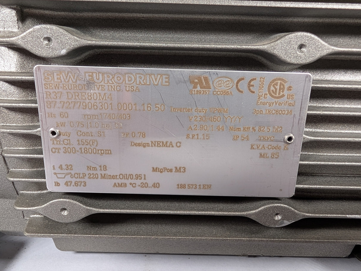 Sew - Eurodrive - 1 HP Electric Motor - R37 DRE80M4 - Used - Big Liquidators