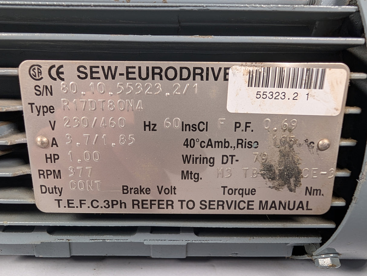 Sew - Eurodrive - 1 HP Electric Motor - R17DT80N4 - Used - Big Liquidators