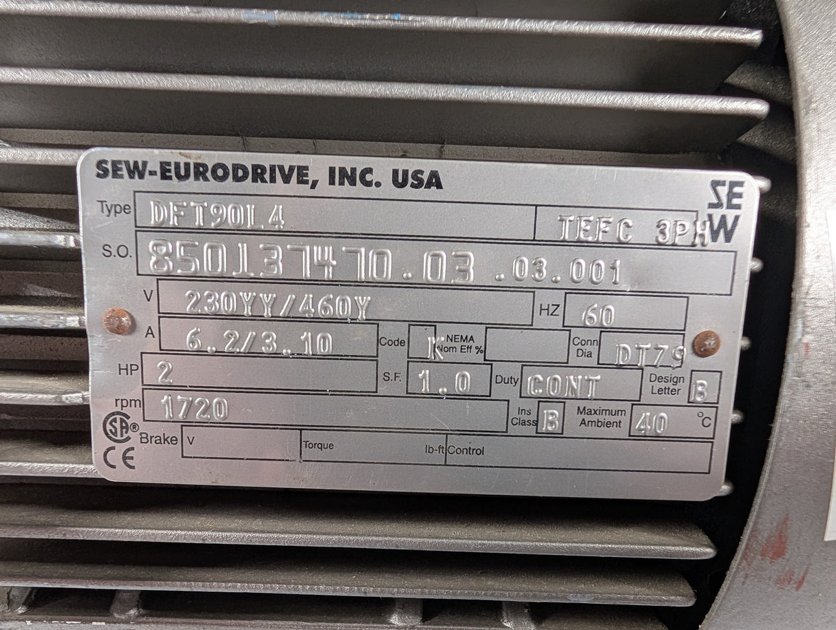 Sew - Eurodrive - 2 HP Electric Motor - DFT90L4 - Used - Big Liquidators