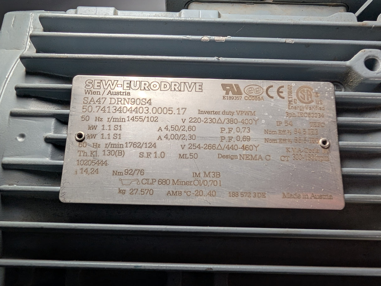 Sew - Eurodrive - 1.1KW Electric Motor - SA47 DRN90S4 - Used - Big Liquidators
