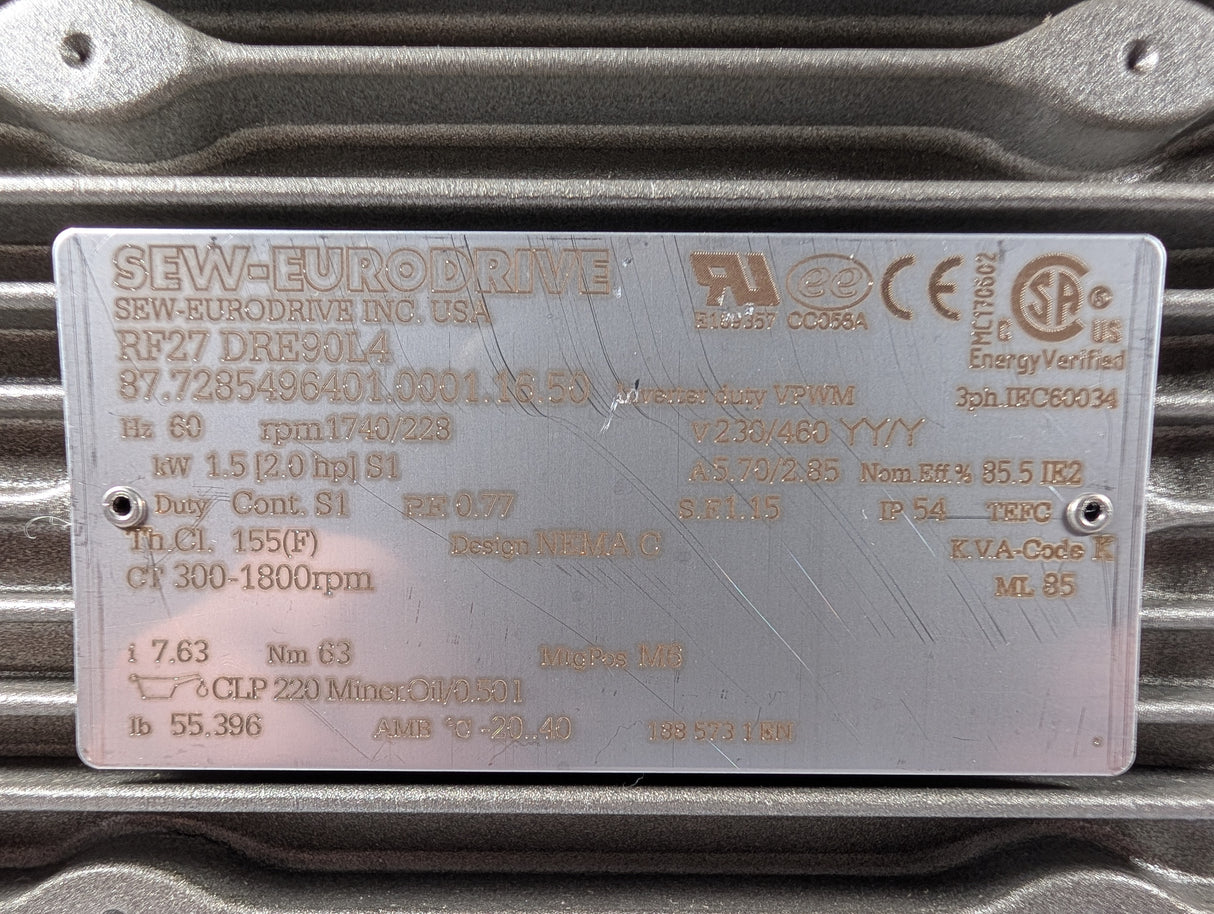 Sew - Eurodrive - 2 HP Electric Motor - RF27 DRE90L4 - Used - Big Liquidators