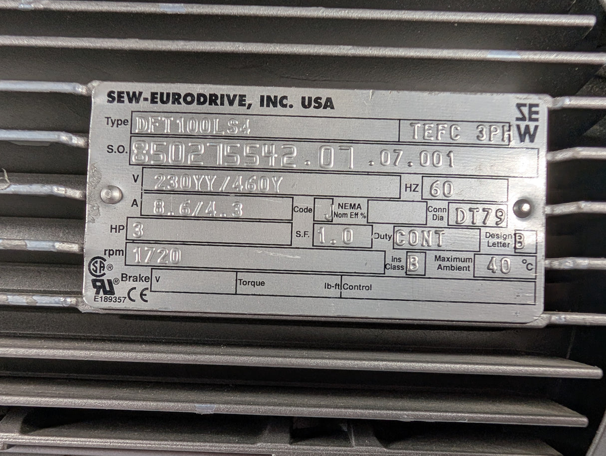 Sew - Eurodrive - 3 HP Electric Motor - DFT100LS4 - Used - Big Liquidators