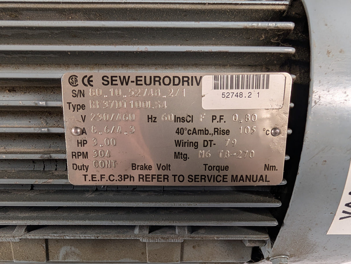 Sew - Eurodrive - 3 HP Electric Motor - RF37DT100LS4 - Used - Big Liquidators