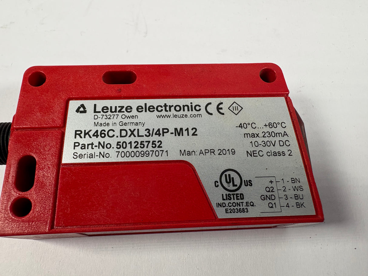 Leuze Electronic - Retro - Reflective Photoelectric Sensor - RK46C.DXL3/4P - M12 - Used - Big Liquidators