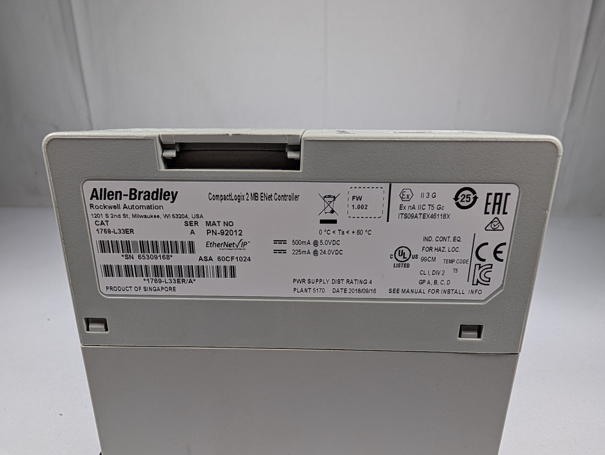 Allen Bradley - CompactLogix 2 MB ENet Controller - 1769 - L33ER - Used - Big Liquidators