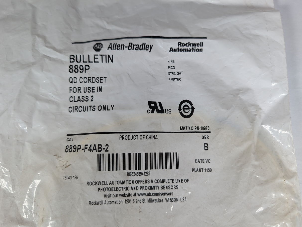 Allen Bradley - 2 Meter 4 Pin Pico Cable - 889P - F4AB - 2 - New - Big Liquidators