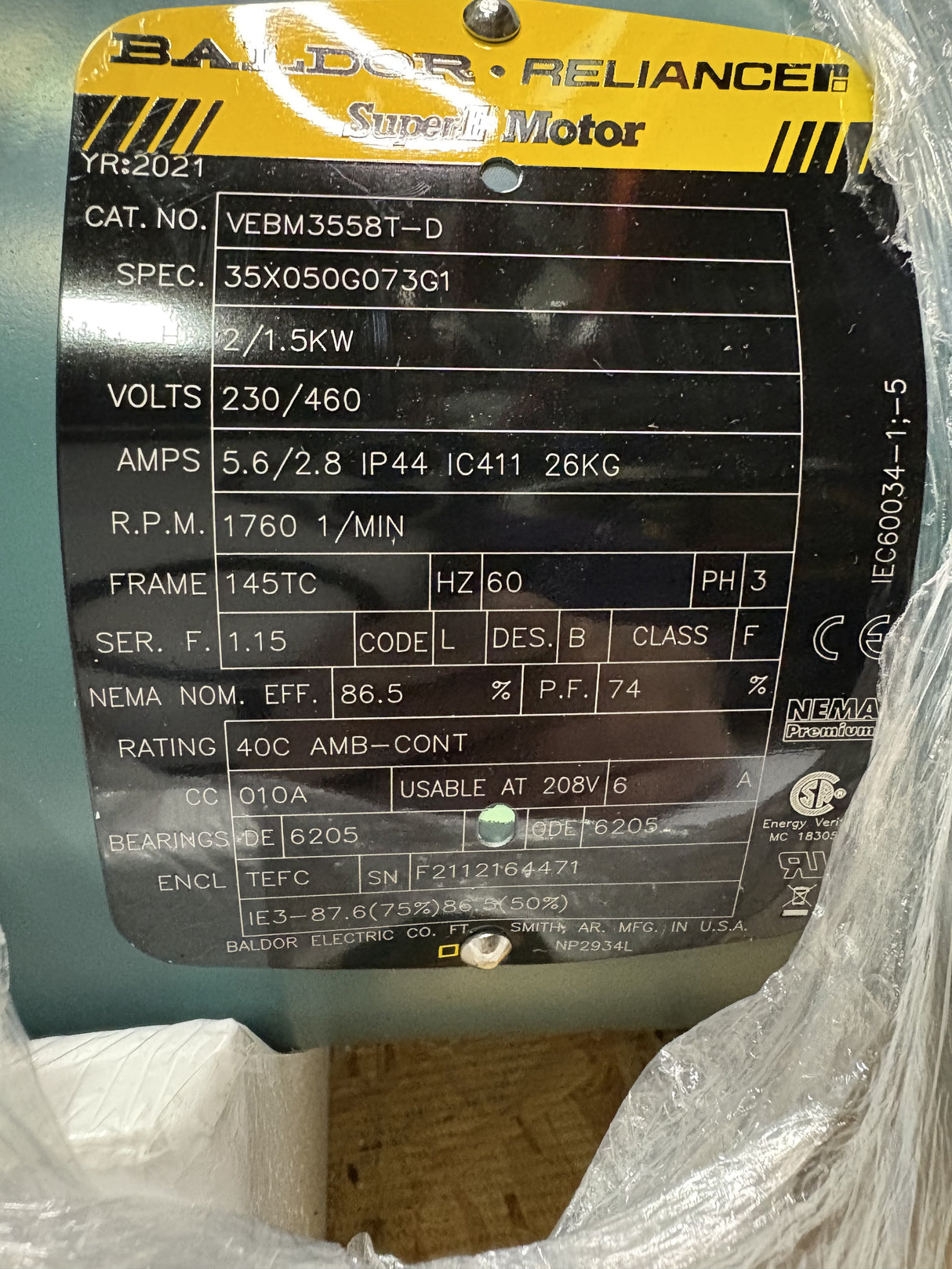 Baldor Reliance - 2 HP Electric Motor - VEBM3558T - D - New - Big Liquidators