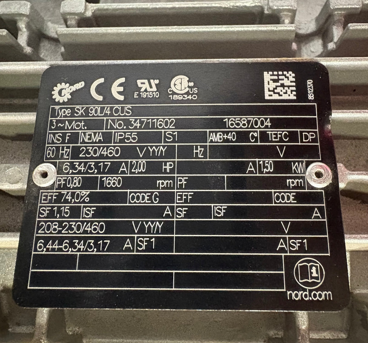 Nord Drive Systems - 2 HP Electric Motor - SK 90L/4 CUS - Used - Big Liquidators