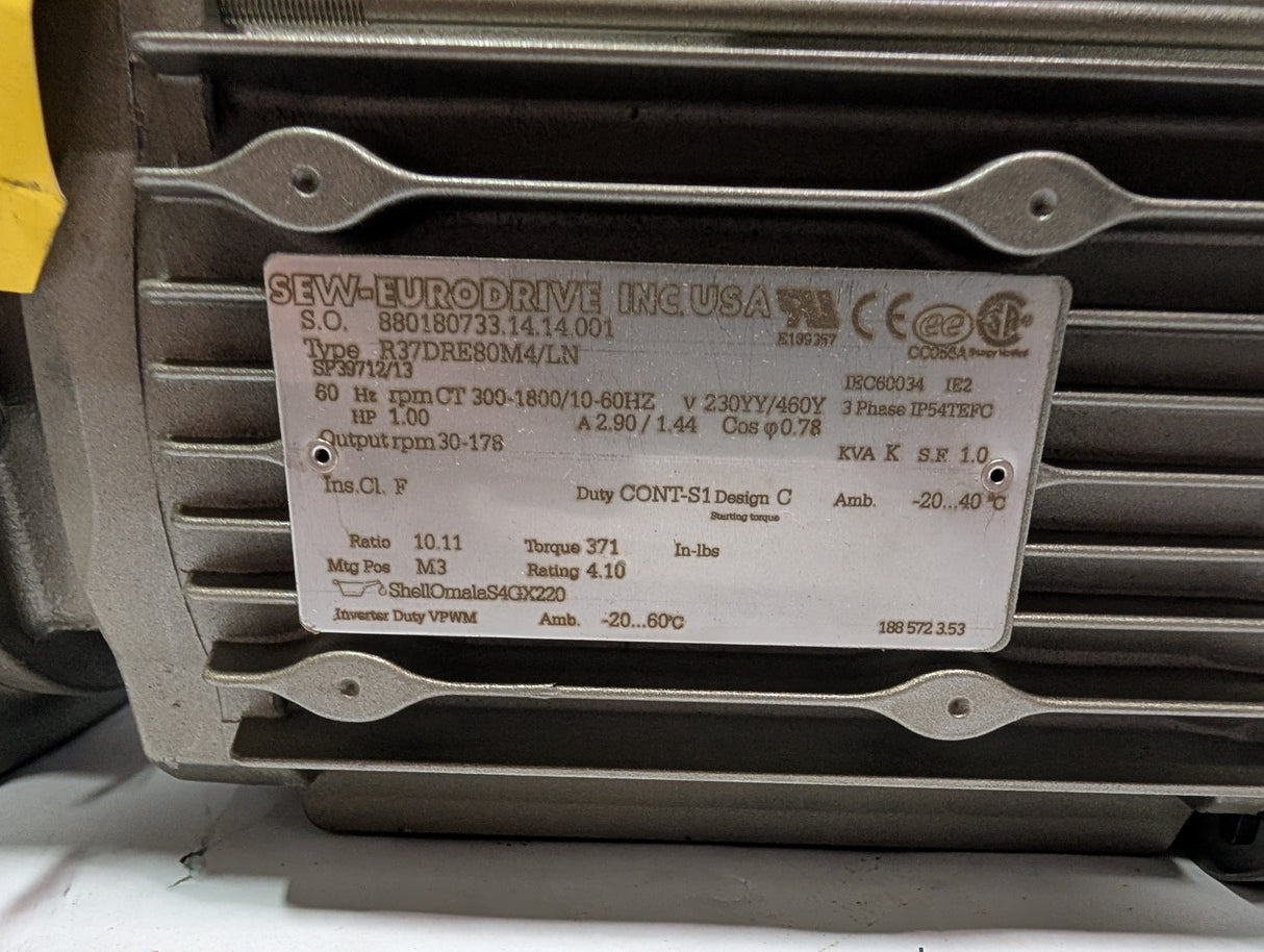 Sew - Eurodrive - 1 HP Electric Motor - R37DRE80M4/LN - New - Big Liquidators