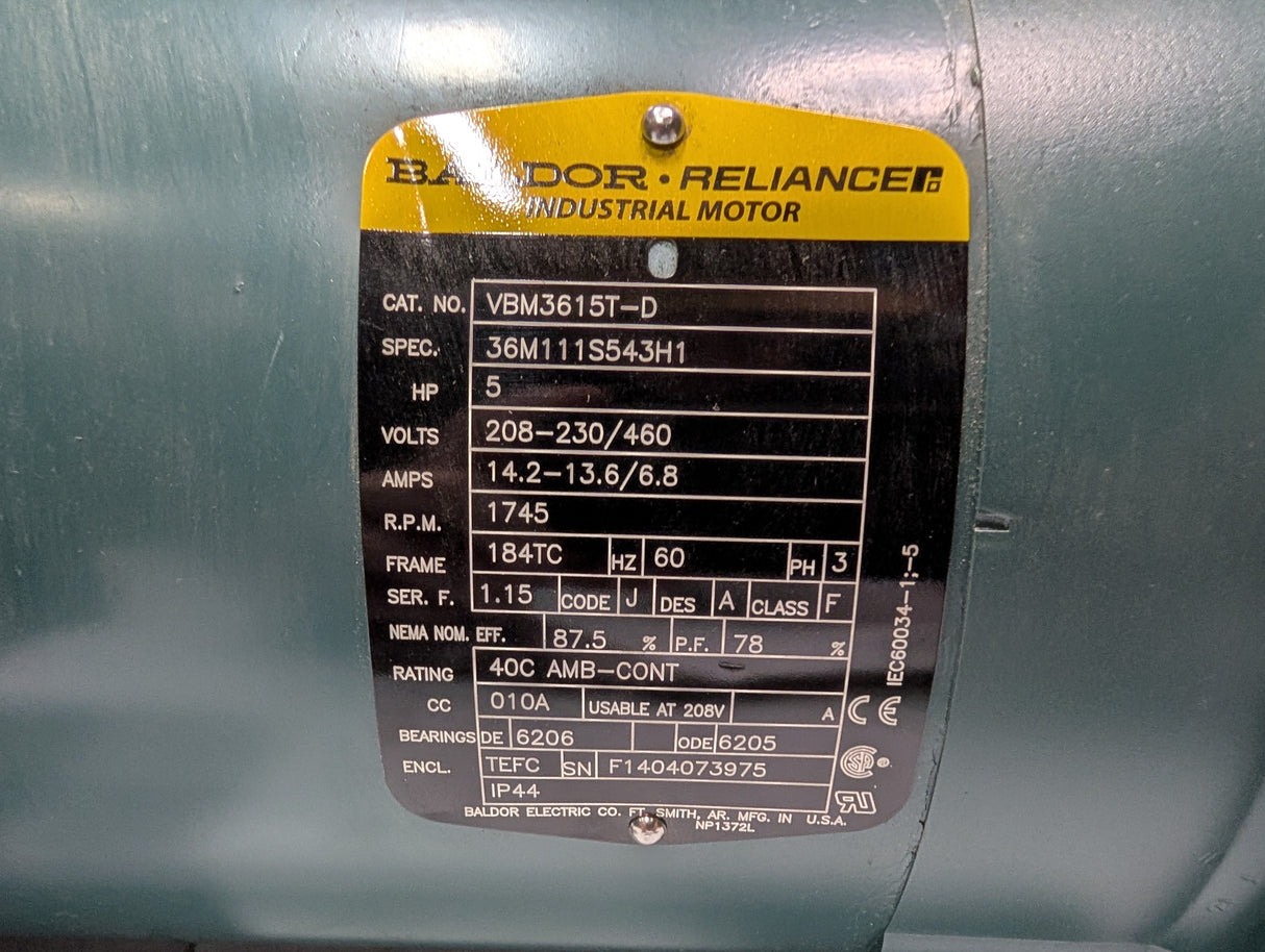 Baldor Reliance - 5 HP Electric Motor - VBM3615T - D - Used - Big Liquidators