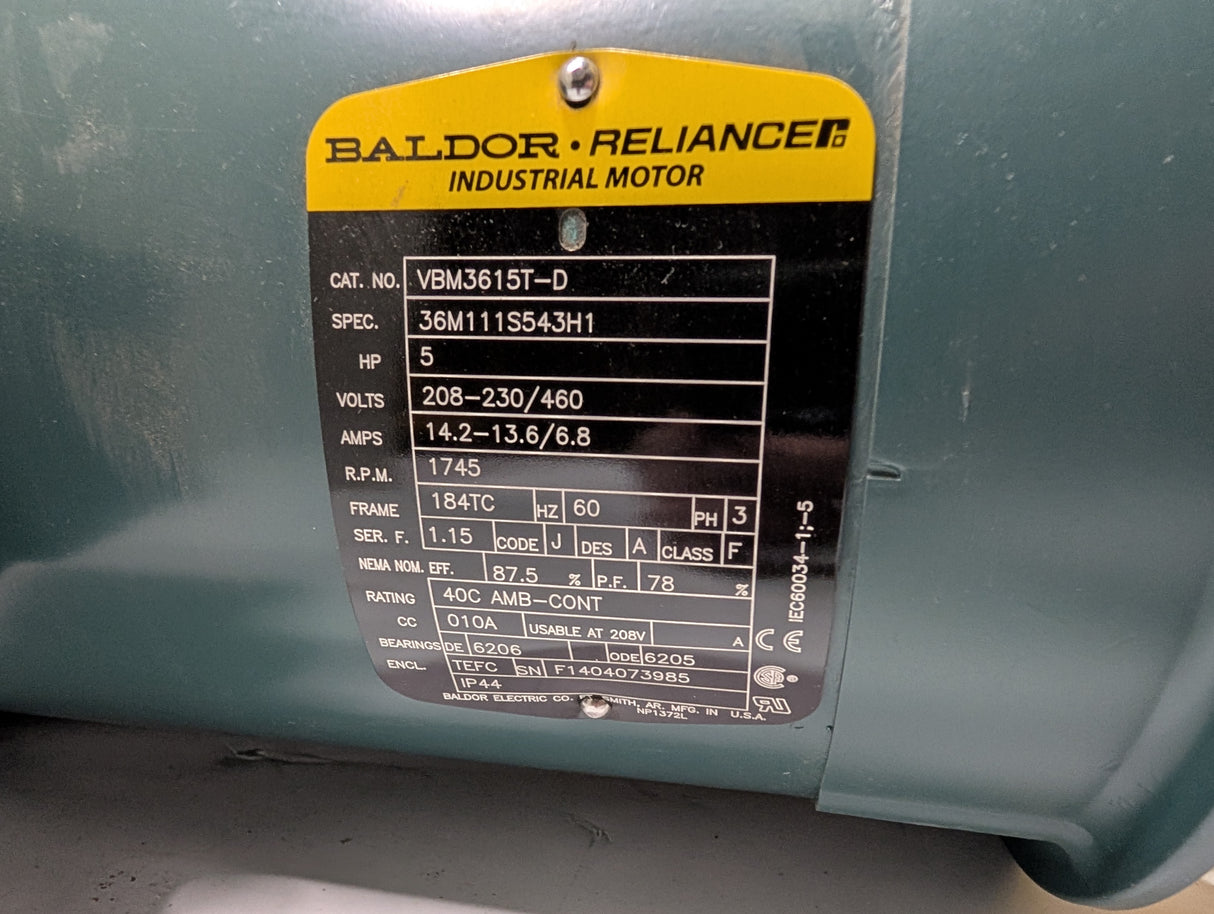 Baldor Reliance - 5 HP Electric Motor - VBM3615T - D - Used - Big Liquidators
