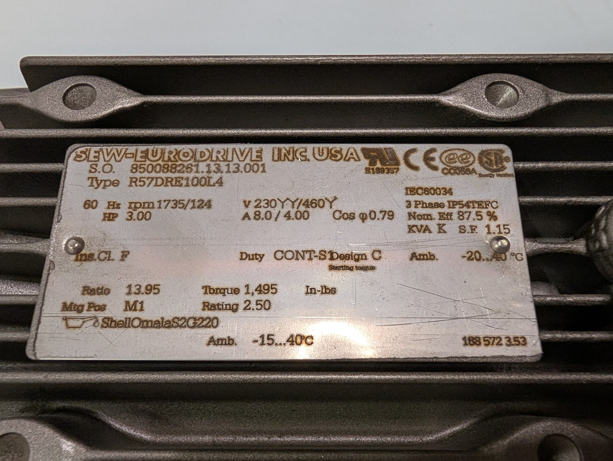 Sew - Eurodrive - 3 HP Electric Motor - R57DRE100L4 - Used - Big Liquidators