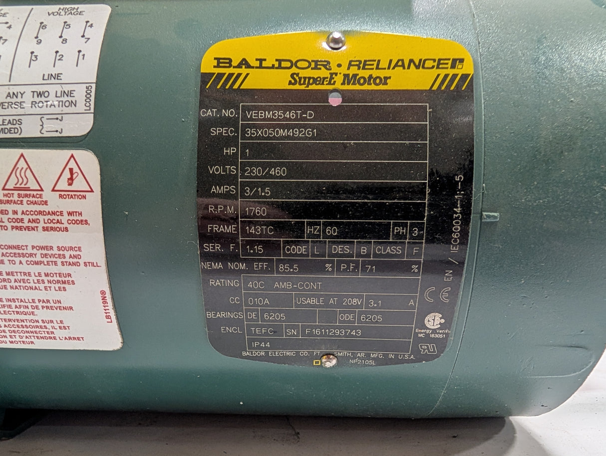 Baldor Reliance - 1 HP Electric Motor - VEBM3546T - D - Used - Big Liquidators