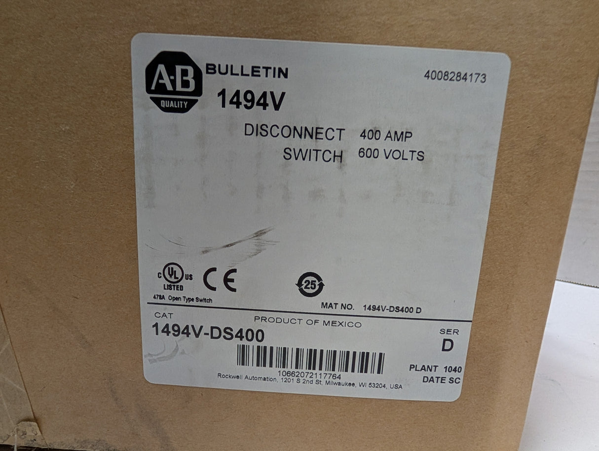 Allen Bradley - 400 AMP Disconnect Switch - 1494V - DS400 - New - Big Liquidators