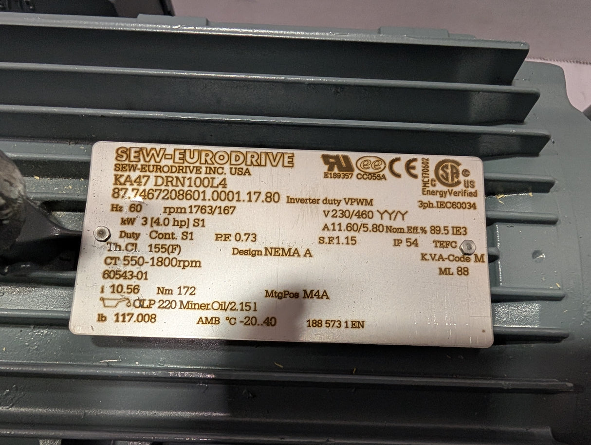 Sew - Eurodrive - 4 HP Electric Motor - KA47 DRN100L4 - New - Big Liquidators