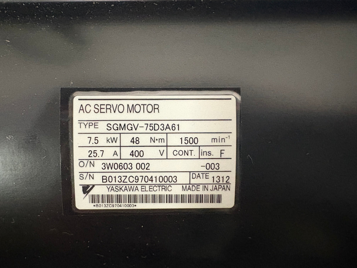 Yaskawa Electric - 7.5 KW Electric Motor - SGMGV - 75D3A64 - Used - Big Liquidators
