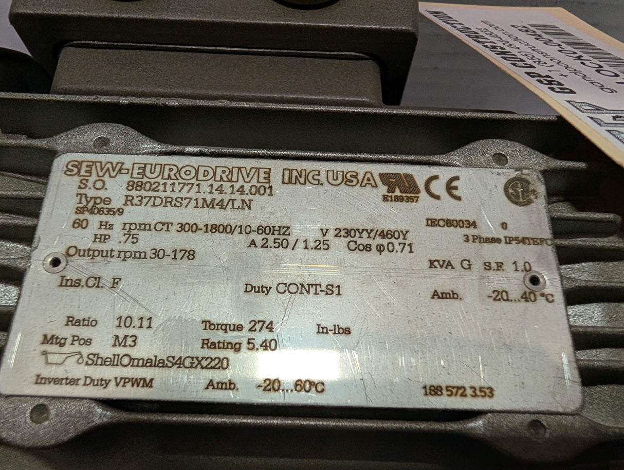 Sew - Eurodrive - 0.75 HP Electric Motor - R37DRS71M4/LN - Used - Big Liquidators