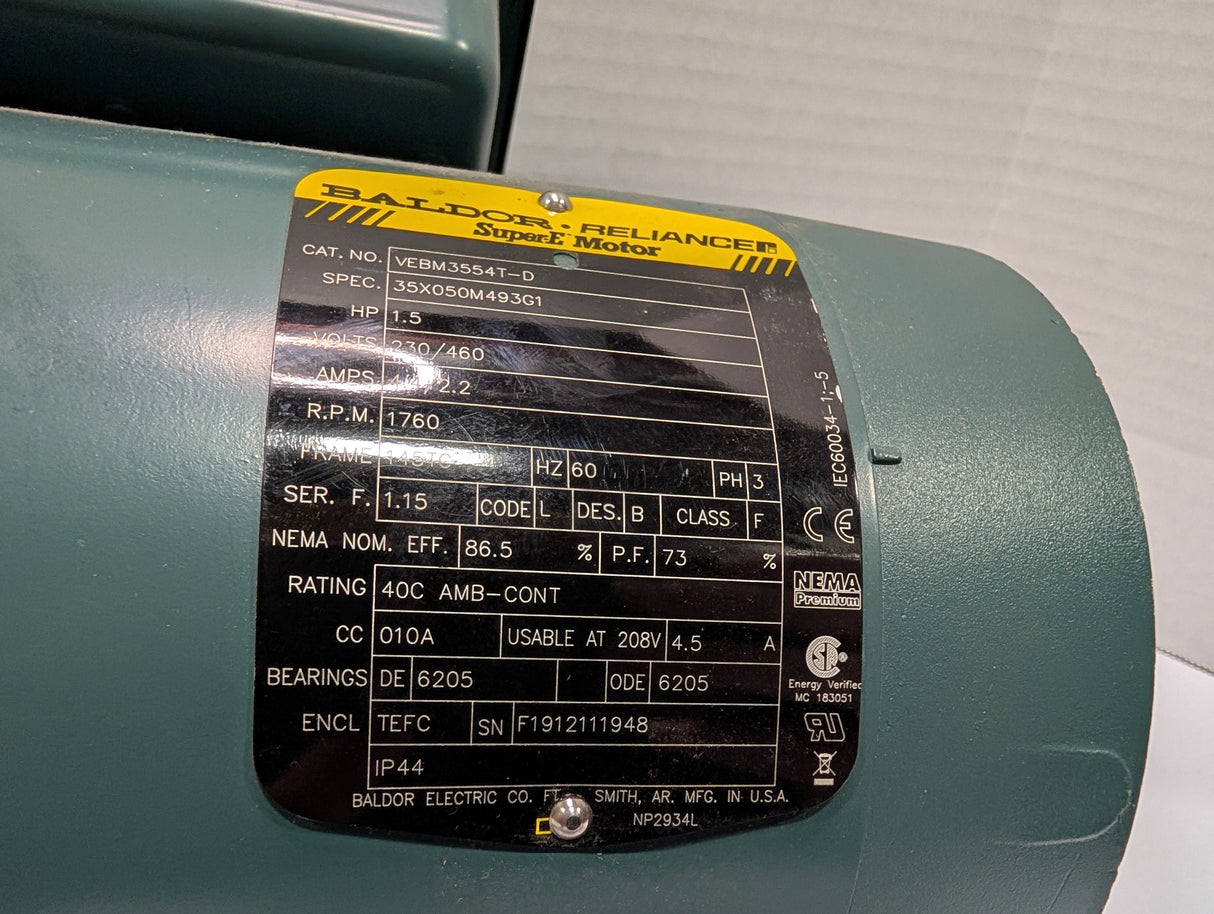 Baldor Reliance - 1.5 HP Electric Motor - VEBM3554T - D - Used - Big Liquidators