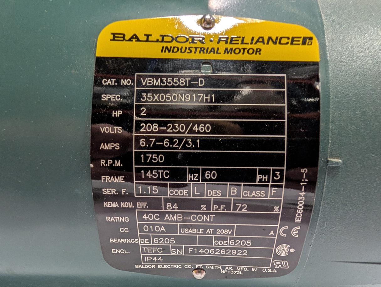 Baldor Reliance - 2 HP Electric Motor - VBM3558T - D - Used - Big Liquidators