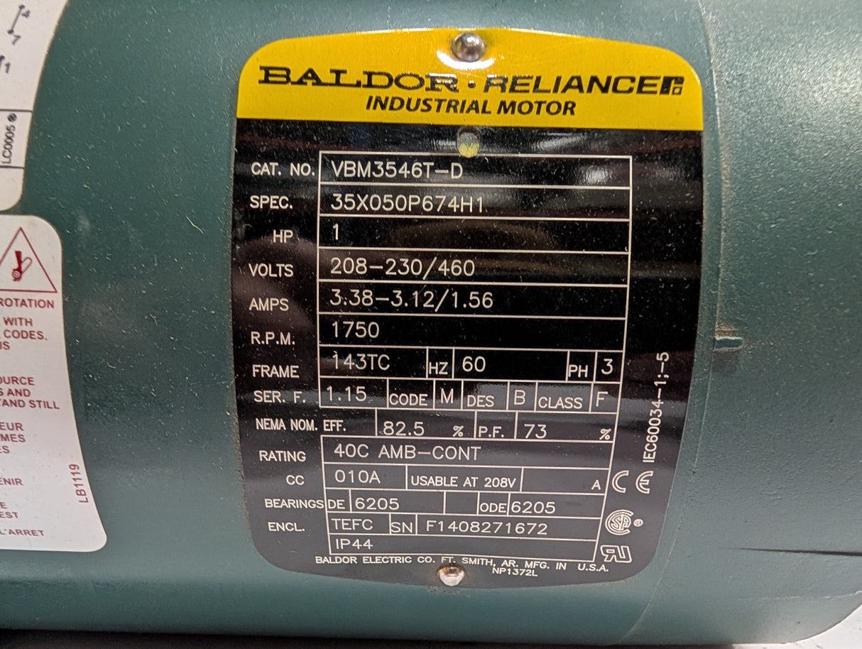 Baldor Reliance - 1 HP Electric Motor - VBM3546T - D - Used - Big Liquidators