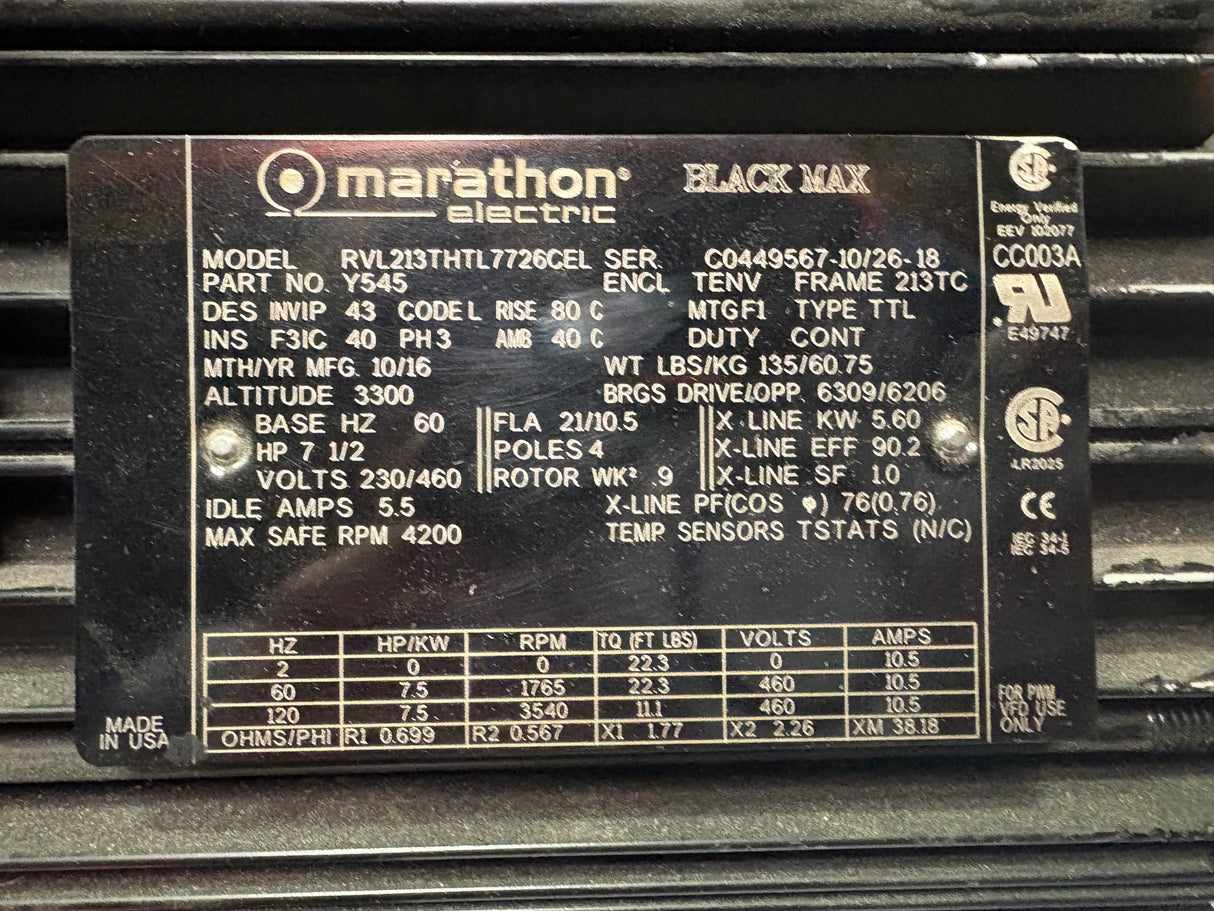 Marathon Electric - 7.5 HP Electric Motor - RVL213THTL7726CEL - Used - Big Liquidators