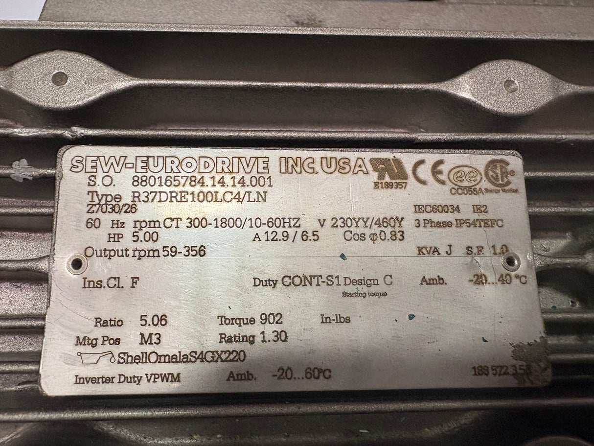 Sew - Eurodrive - 5 HP Electric Motor - R37DRE100LC4/LN - Used - Big Liquidators