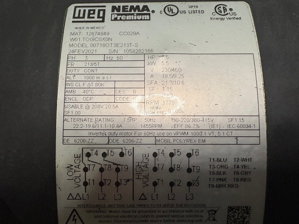 Nema Premium - 7.5 HP Electric Motor - 007180T3E213T - S - Used - Big Liquidators