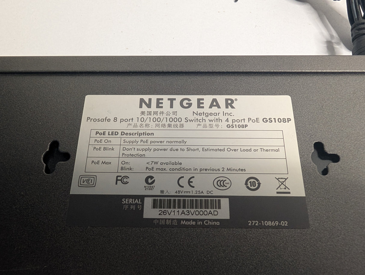 Netgear - ProSafe 8 Port Switch w/4 port PoE - GS108P - Used - Big Liquidators