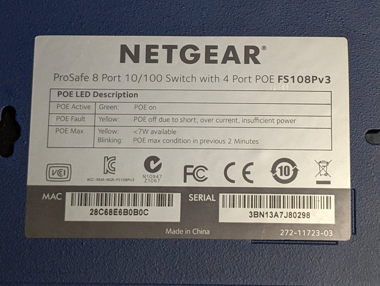 Netgear - ProSafe 8 - port 10/100 Switch W/ 4 - port PoE - 108FSPv3 - Used - Big Liquidators
