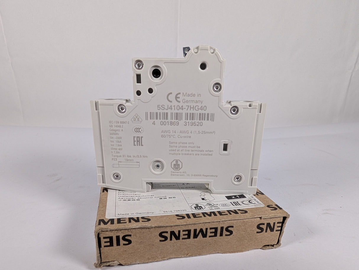 Siemens - Miniature Circuit Breaker - 5SJ4104 - 7HG40 - New - Big Liquidators
