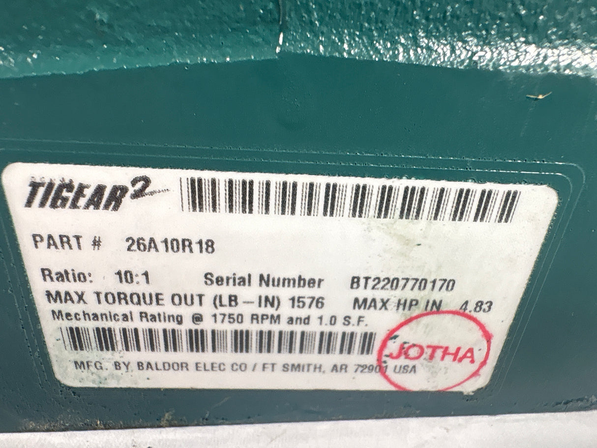 Dodge Tigear - Electric Motor 10:1 Gear Reducer - 26A10R18 - Used - Big Liquidators