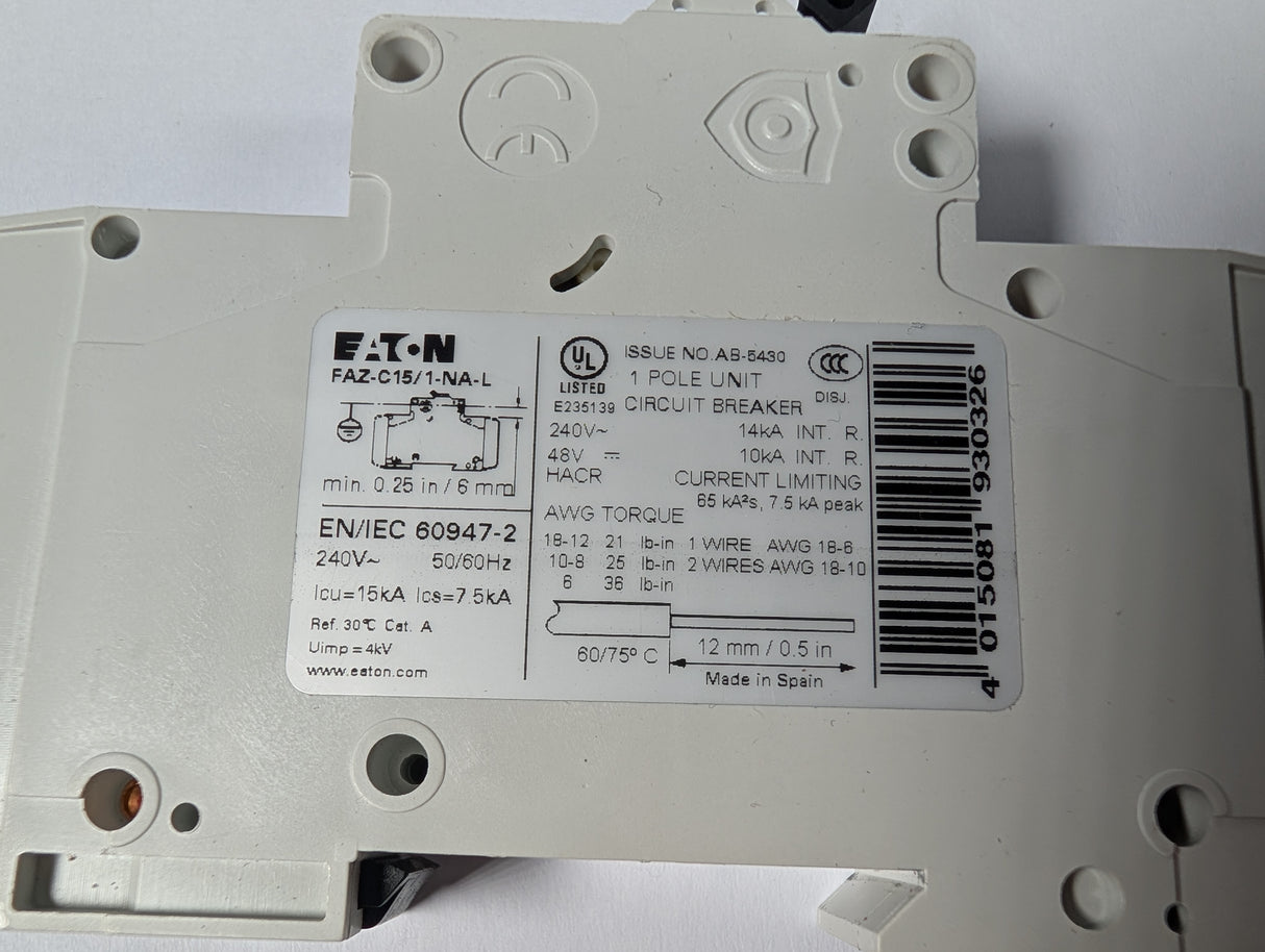 Eaton - 15 Amp Miniature Industrial Circuit Breaker - FAZ - C15/1 - NA - L - Used - Big Liquidators